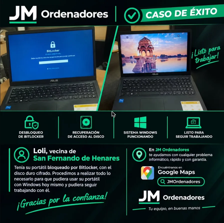 Antes y después: portátil con la pantalla de BitLocker pidiendo la clave de recuperación y el mismo equipo ya funcionando con Windows