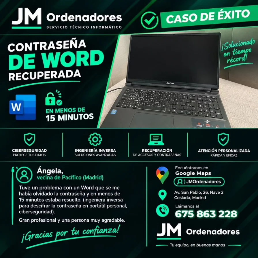 Contraseña de Word recuperada en menos de 15 minutos: portátil y testimonio de la clienta