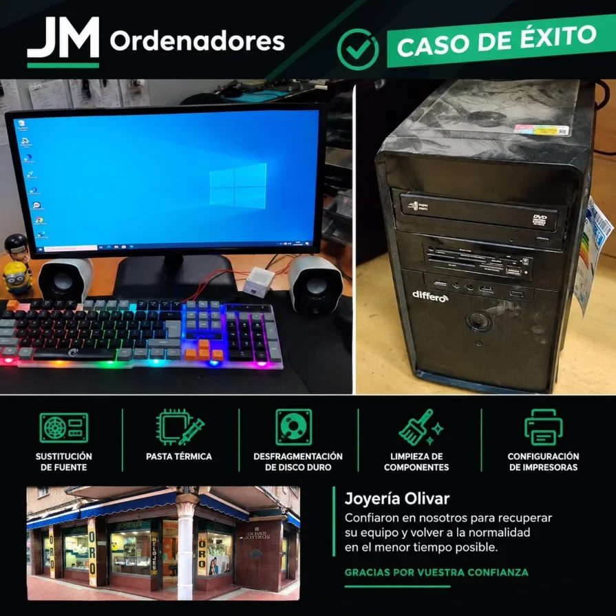 Caso de éxito Joyería Olivar: ordenador de sobremesa recuperado y fachada del negocio en Coslada