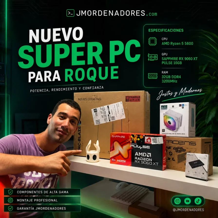 Nuevo Super PC para Roque: caja, Sapphire Radeon RX 9060 XT Pulse 16 GB, refrigerador ARGB, fuente y SSD sobre la mesa de montaje