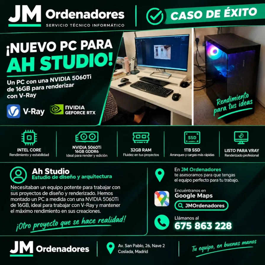 Caso de éxito: nuevo PC para AH Studio con NVIDIA 5060 Ti de 16 GB para renderizar con V-Ray